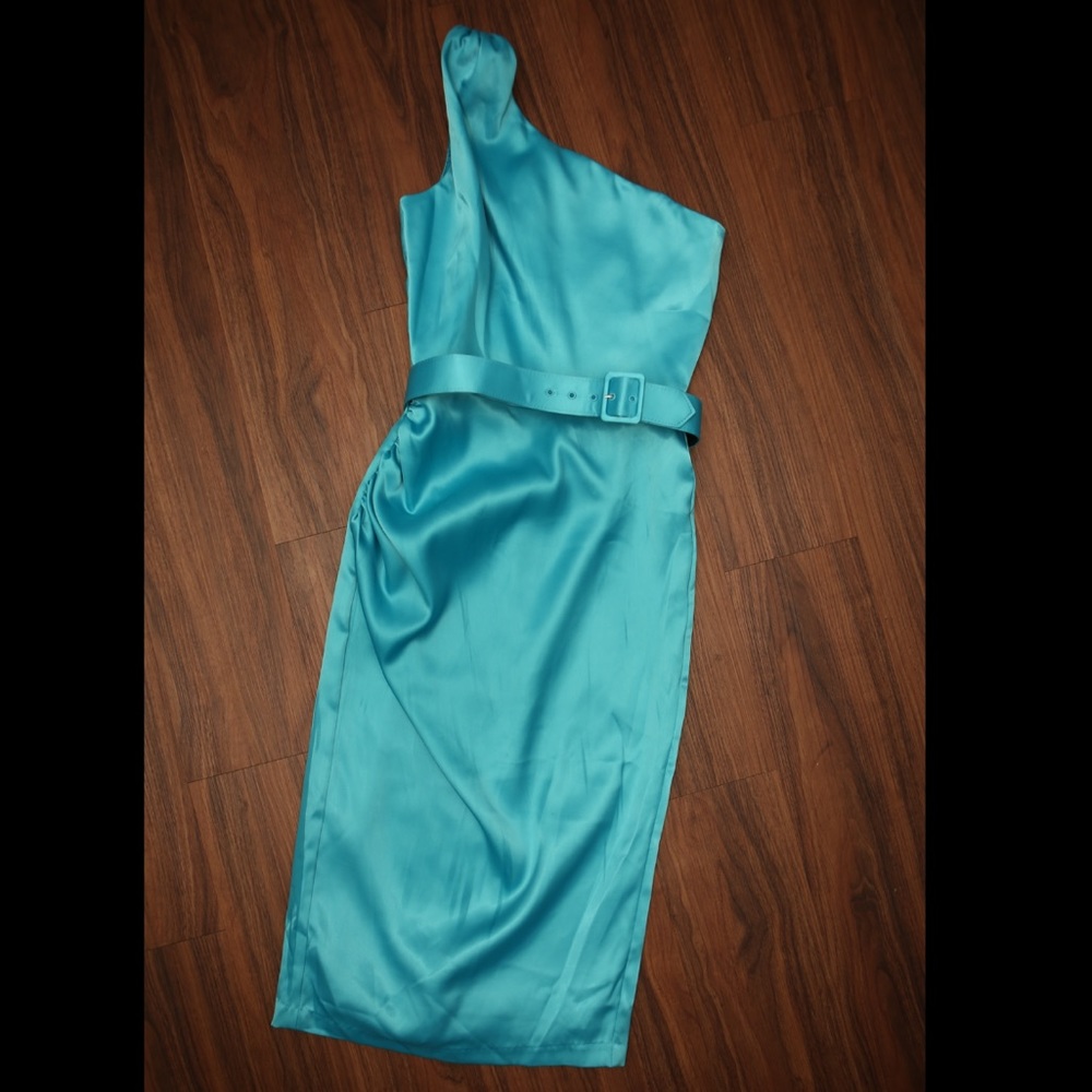 Pin up girl clothing one shoulder turquoise dress